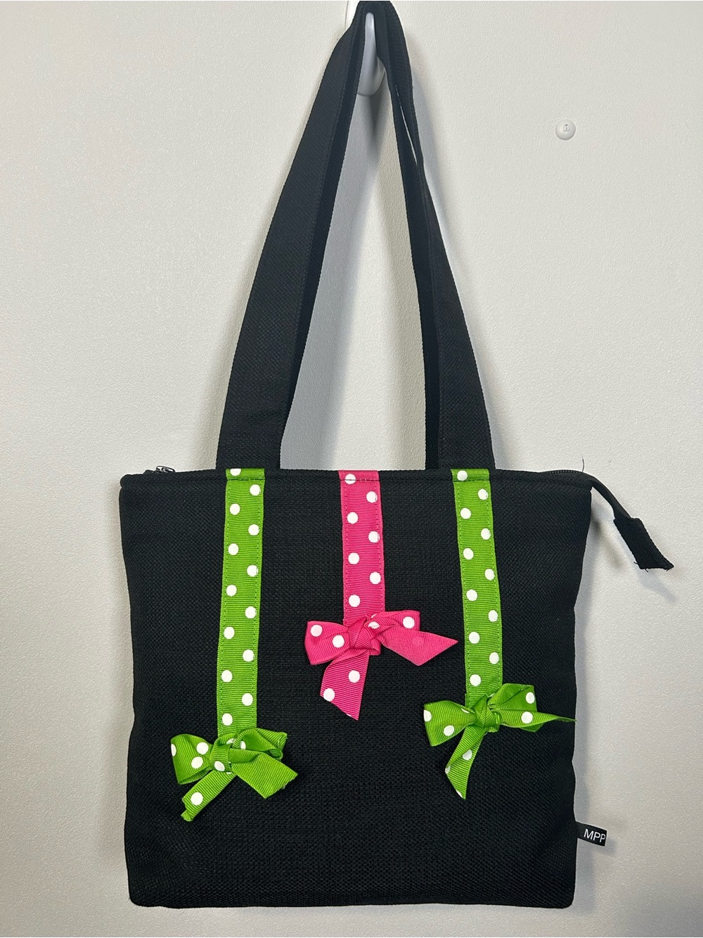 Black Tote Bag with Pink and Green Polka Dot Ribbon Bows